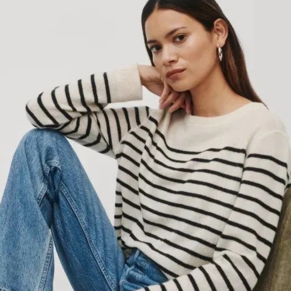 J. Crew | Cashmere Crewneck Boyfriend Sweater, Size Small, Cream & Navy Stripe
